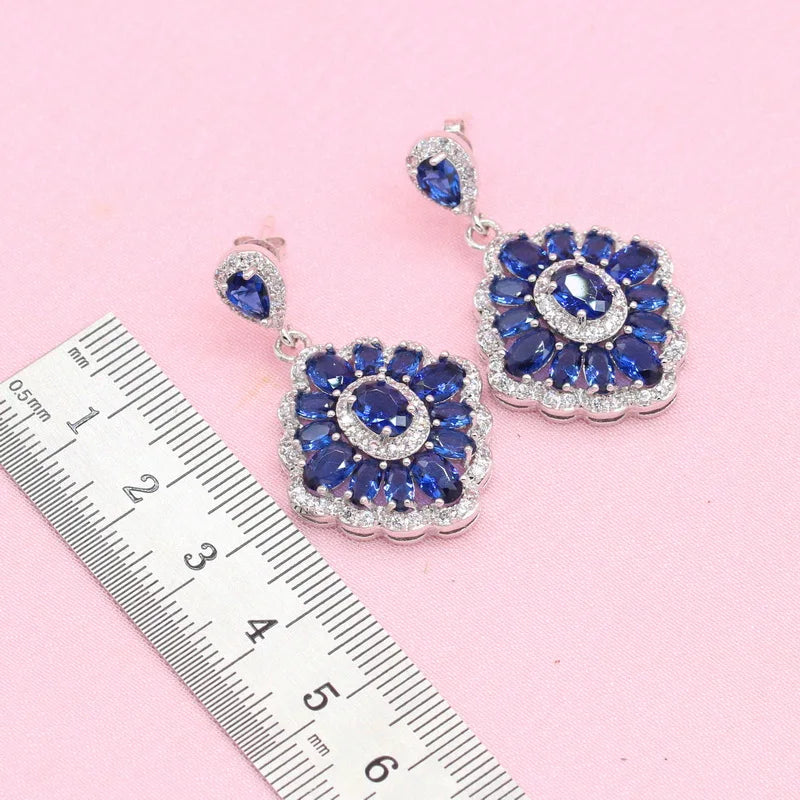 Royal Blue Stone Necklace Set – Elegant Silver Wedding Jewelry with Earrings, Ring & Bracelet in Gift Box