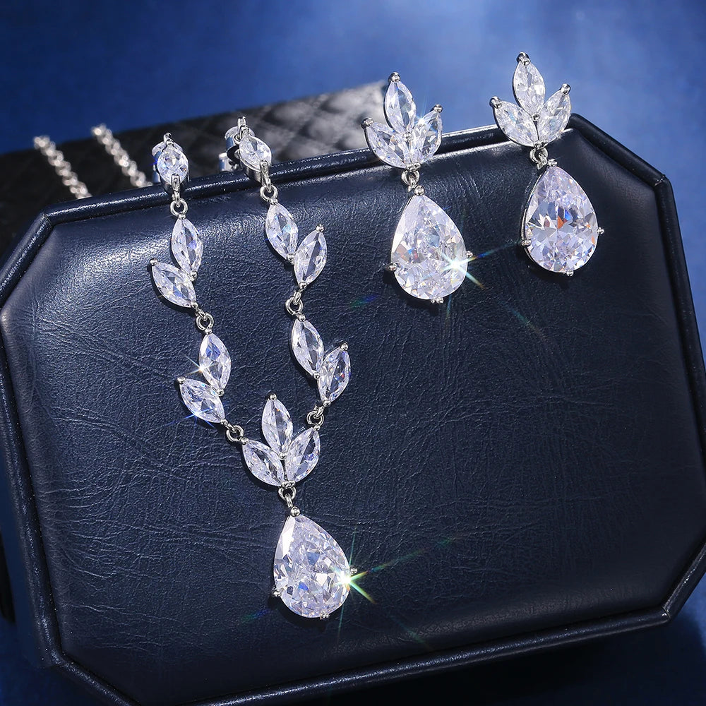 Gorgeous Pear-Shaped Zircon Necklace & Earring Set – High-Quality Jewelry for Weddings & Special Occasions