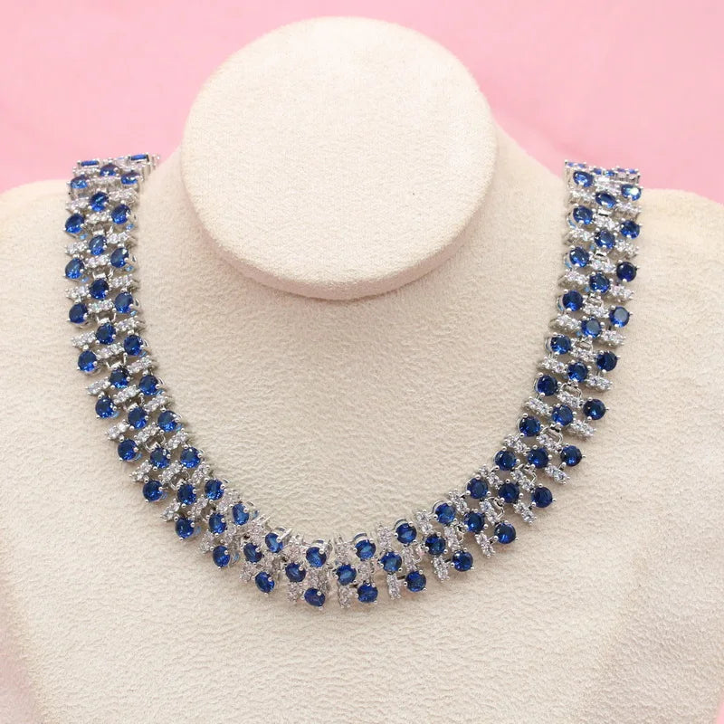 Royal Blue Stone Necklace Set – Elegant Silver Wedding Jewelry with Earrings, Ring & Bracelet in Gift Box