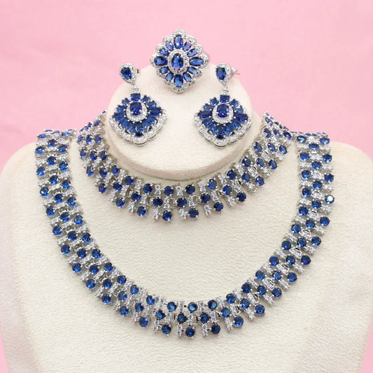 Royal Blue Stone Necklace Set – Elegant Silver Wedding Jewelry with Earrings, Ring & Bracelet in Gift Box