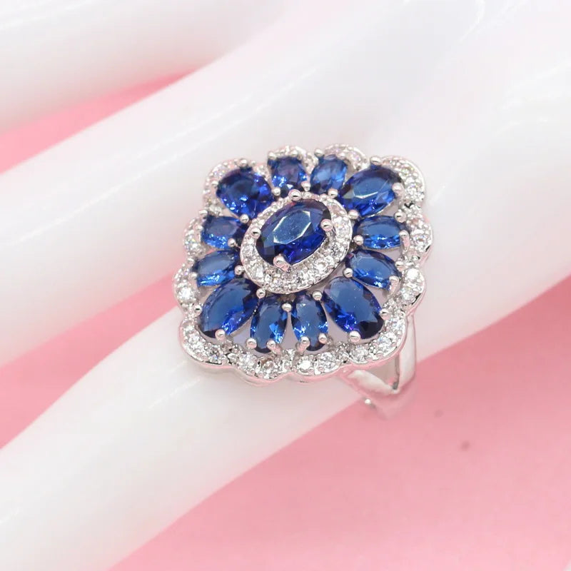 Royal Blue Stone Necklace Set – Elegant Silver Wedding Jewelry with Earrings, Ring & Bracelet in Gift Box