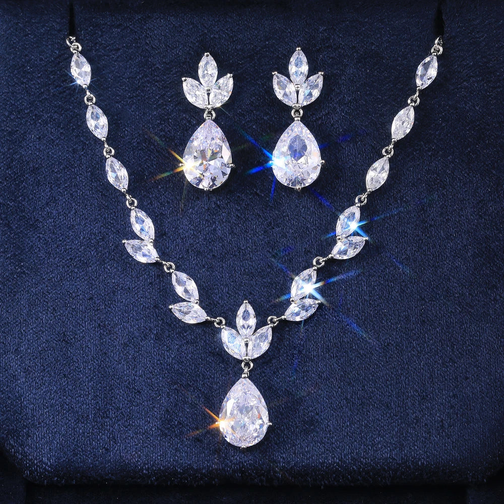 Gorgeous Pear-Shaped Zircon Necklace & Earring Set – High-Quality Jewelry for Weddings & Special Occasions