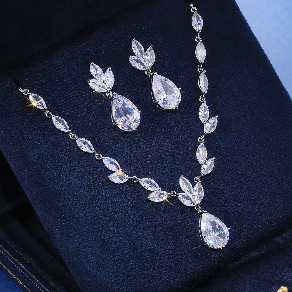 Gorgeous Pear-Shaped Zircon Necklace & Earring Set – High-Quality Jewelry for Weddings & Special Occasions