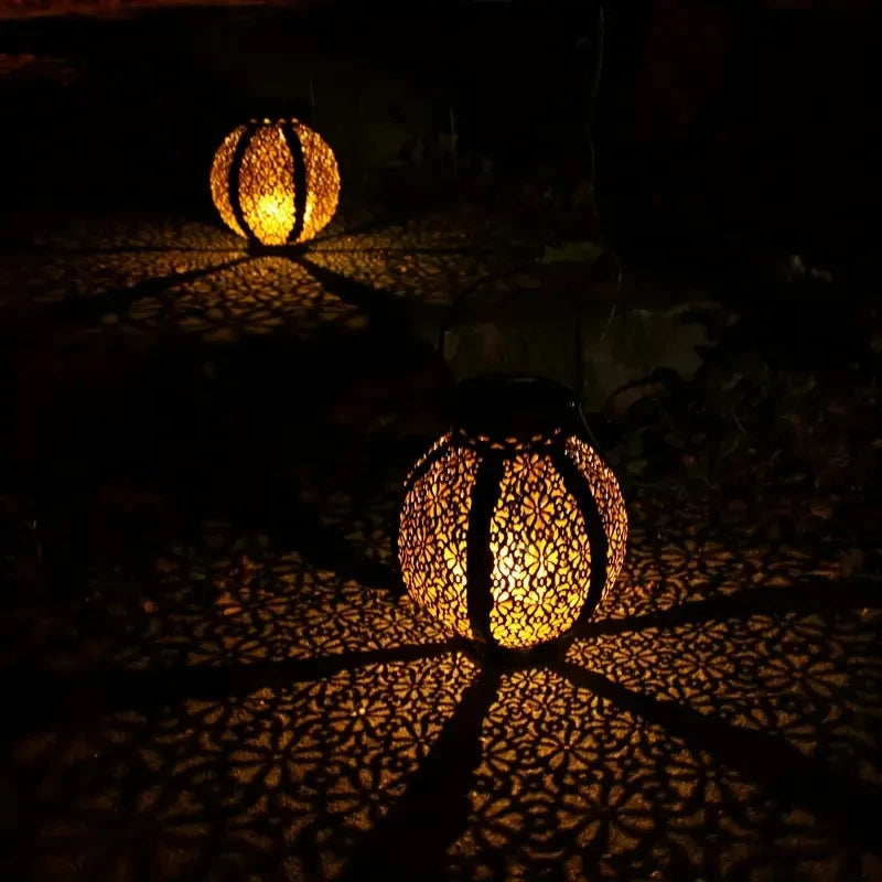 Solar-Powered LED Metal Lantern Lights – Waterproof Hanging Lanterns with Hollow Projection for Outdoor Garden & Landscape Decor