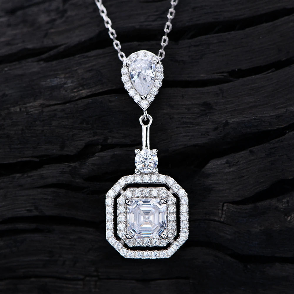 925 Sterling Silver Pear Asscher Cut 6*6 MM Lab Sapphire Gemstone Pendant Necklace for Women