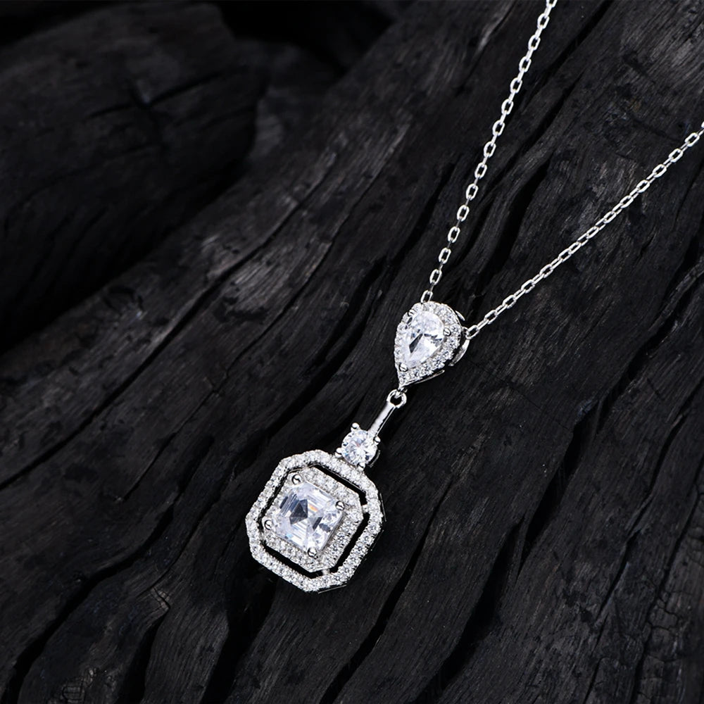 925 Sterling Silver Pear Asscher Cut 6*6 MM Lab Sapphire Gemstone Pendant Necklace for Women