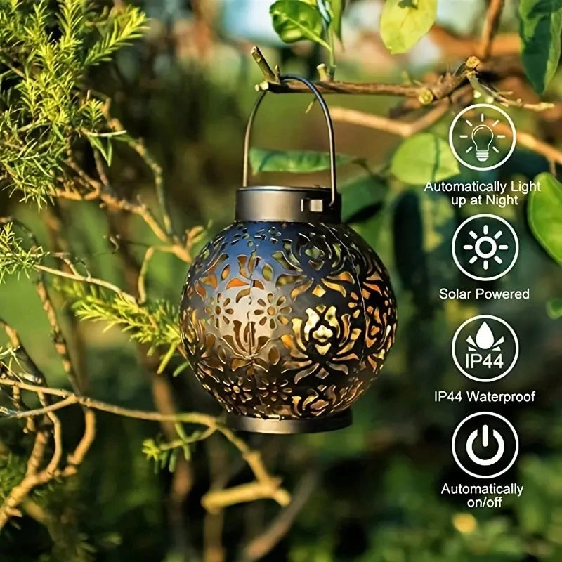 Solar-Powered LED Metal Lantern Lights – Waterproof Hanging Lanterns with Hollow Projection for Outdoor Garden & Landscape Decor