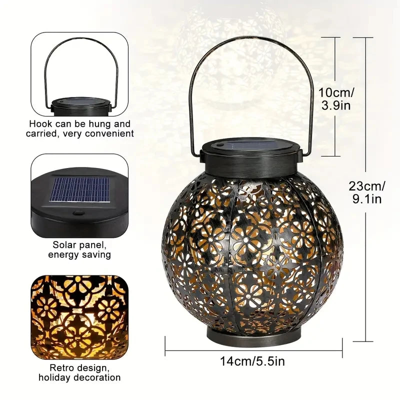Solar-Powered LED Metal Lantern Lights – Waterproof Hanging Lanterns with Hollow Projection for Outdoor Garden & Landscape Decor