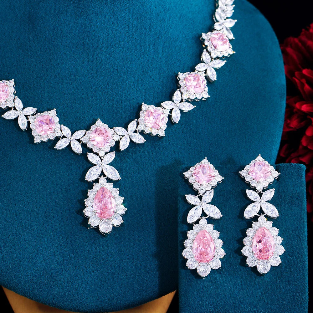 Elegant Pink Water Drop CZ Necklace & Earring Set – Stunning Jewelry for Weddings & Partie        s"