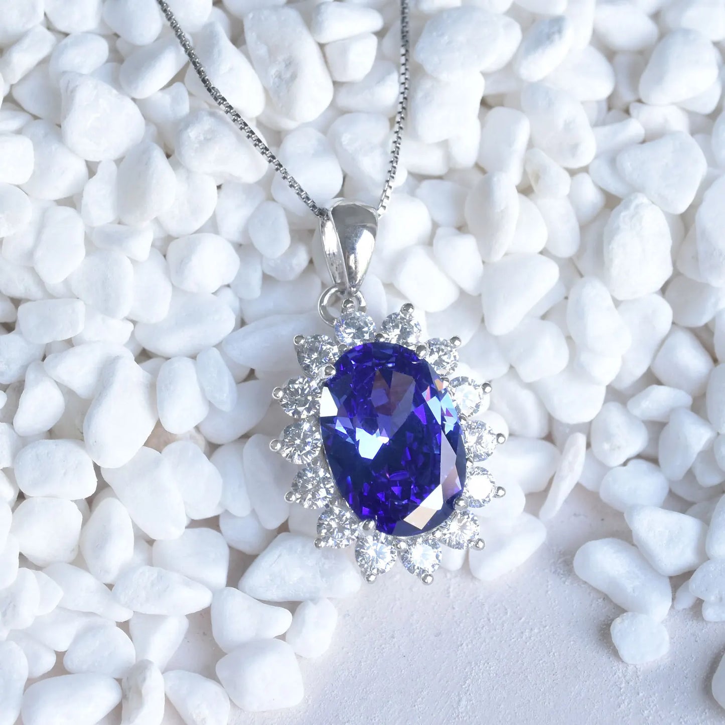 6.4Ct Oval Created Sapphire Tanzanite Emerald Opal Pincess Diana Pendant Necklace for Women Pure 925 Silver Box Chain