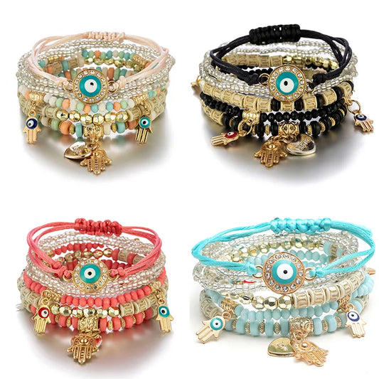 6Pcs/set, Bracelet Set For Women, Hand Heart Charm Beaded Rope Chain Bangle Female Jewelry Gift