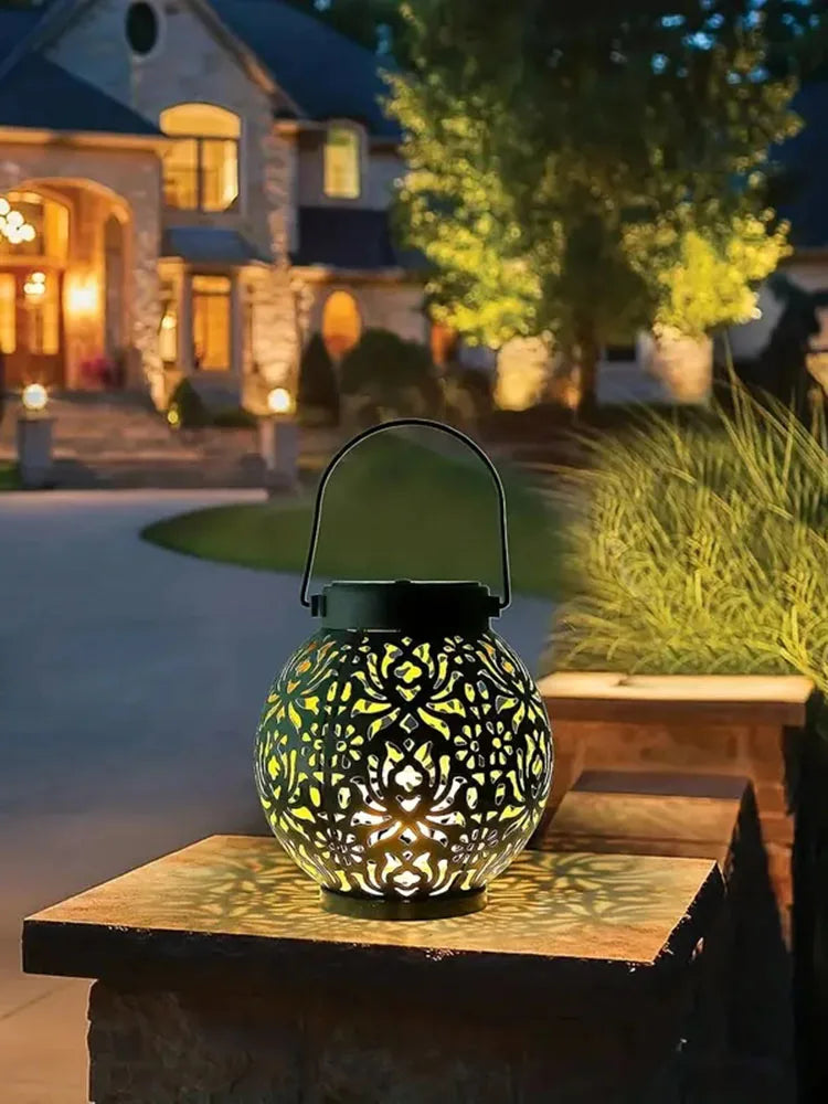 Solar-Powered LED Metal Lantern Lights – Waterproof Hanging Lanterns with Hollow Projection for Outdoor Garden & Landscape Decor