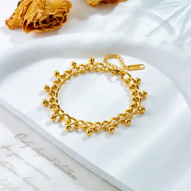 316L Stainless Steel Gold Color Round Beads Charm Bracelet For Women New Trend Thick Chain Non-fading Jewelry Gift
