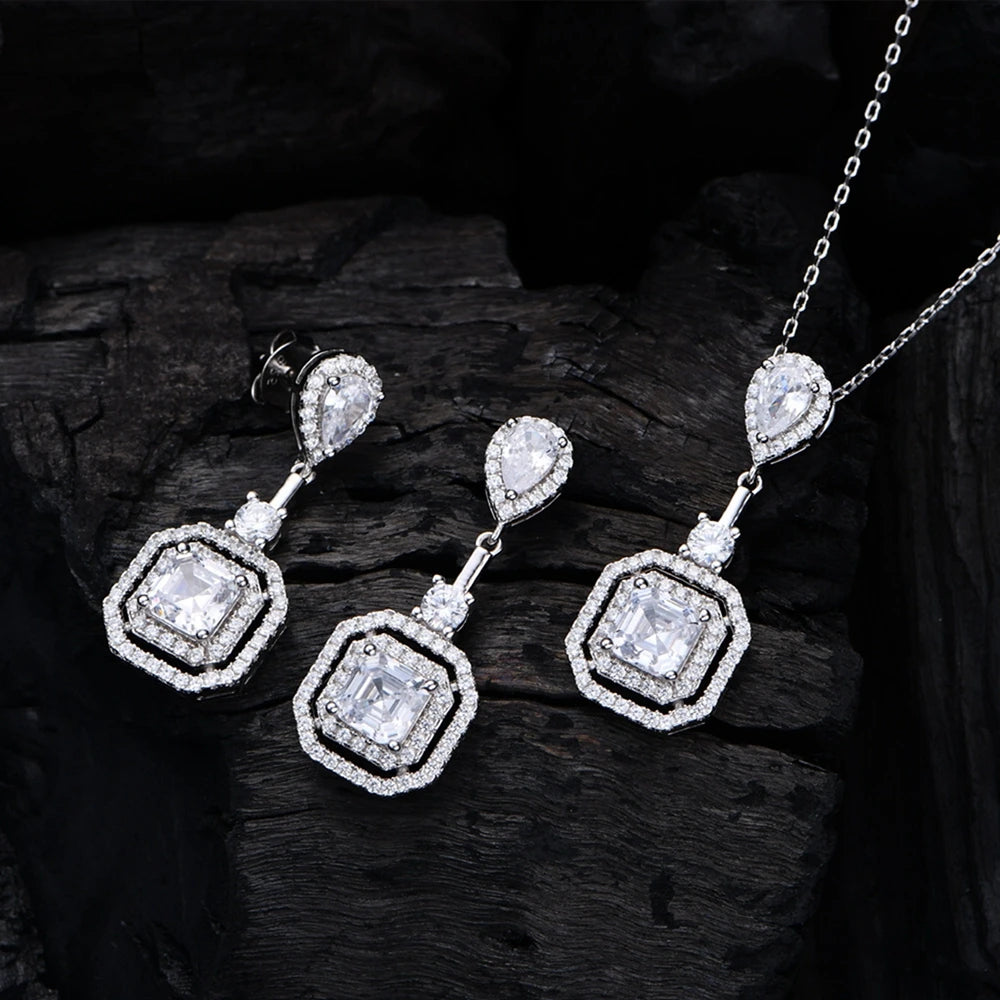 925 Sterling Silver Pear Asscher Cut 6*6 MM Lab Sapphire Gemstone Pendant Necklace for Women
