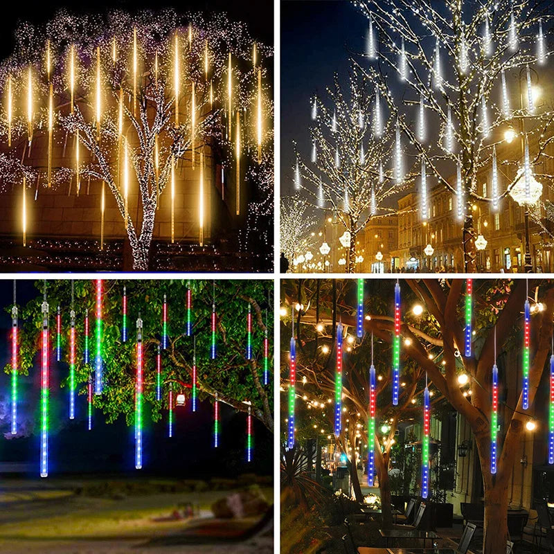 Outdoor LED Meteor Shower Lights – Waterproof Falling Raindrop Fairy String Lights for Christmas, Garden Parties & Holiday Decor!"