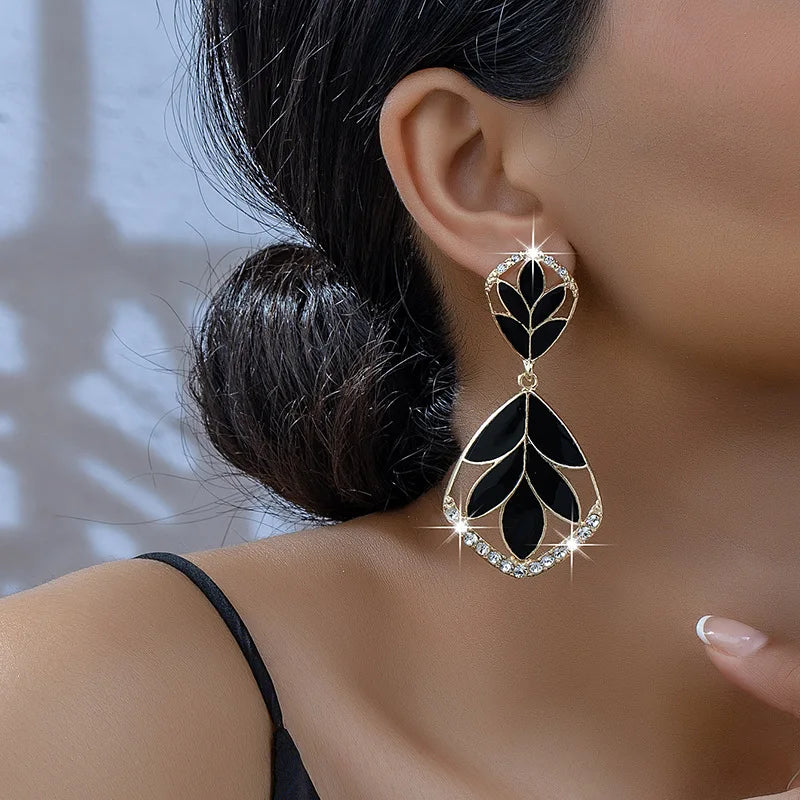 Retro Black Enamel Leaf Drop Earrings - Geometric Fashion Jewelry for Women