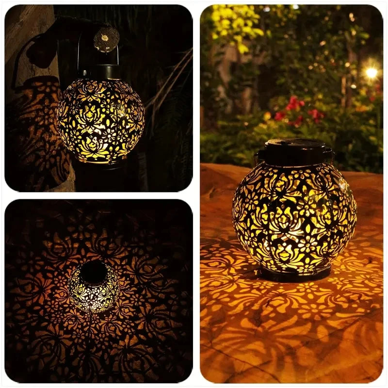 Solar-Powered LED Metal Lantern Lights – Waterproof Hanging Lanterns with Hollow Projection for Outdoor Garden & Landscape Decor