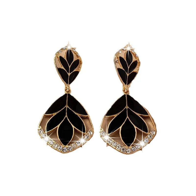 Retro Black Enamel Leaf Drop Earrings - Geometric Fashion Jewelry for Women