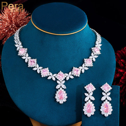 Elegant Pink Water Drop CZ Necklace & Earring Set – Stunning Jewelry for Weddings & Partie        s"