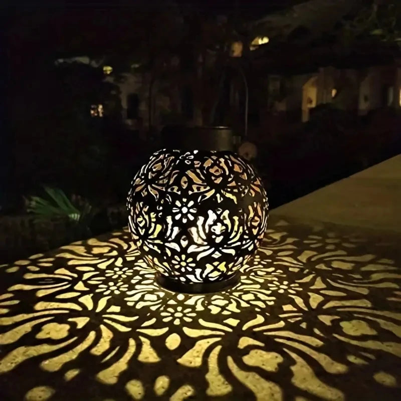 Solar-Powered LED Metal Lantern Lights – Waterproof Hanging Lanterns with Hollow Projection for Outdoor Garden & Landscape Decor