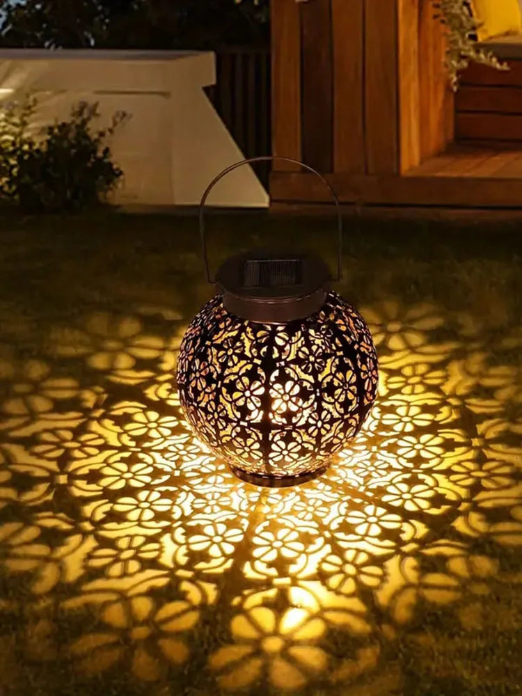 Solar-Powered LED Metal Lantern Lights – Waterproof Hanging Lanterns with Hollow Projection for Outdoor Garden & Landscape Decor