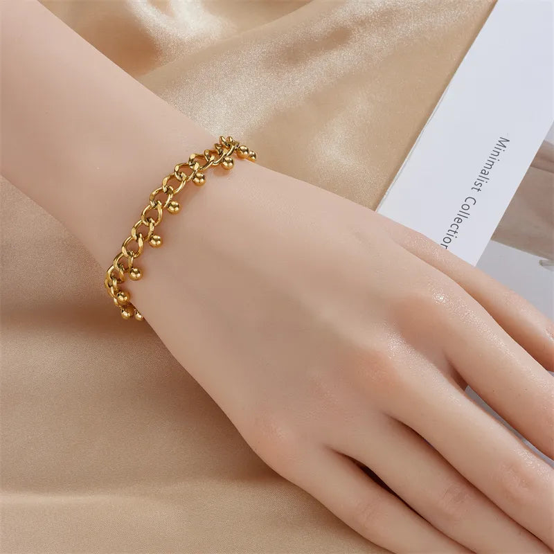 316L Stainless Steel Gold Color Round Beads Charm Bracelet For Women New Trend Thick Chain Non-fading Jewelry Gift
