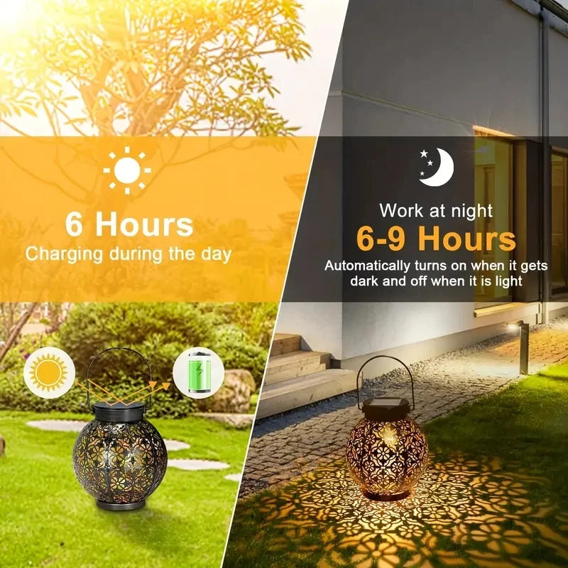 Solar-Powered LED Metal Lantern Lights – Waterproof Hanging Lanterns with Hollow Projection for Outdoor Garden & Landscape Decor