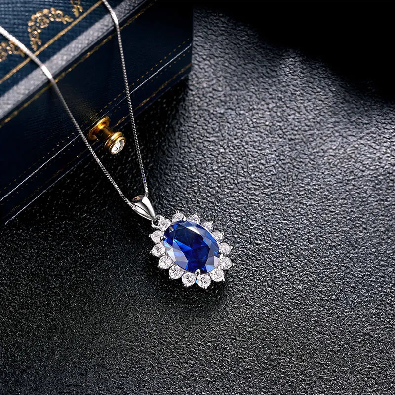 6.4Ct Oval Created Sapphire Tanzanite Emerald Opal Pincess Diana Pendant Necklace for Women Pure 925 Silver Box Chain