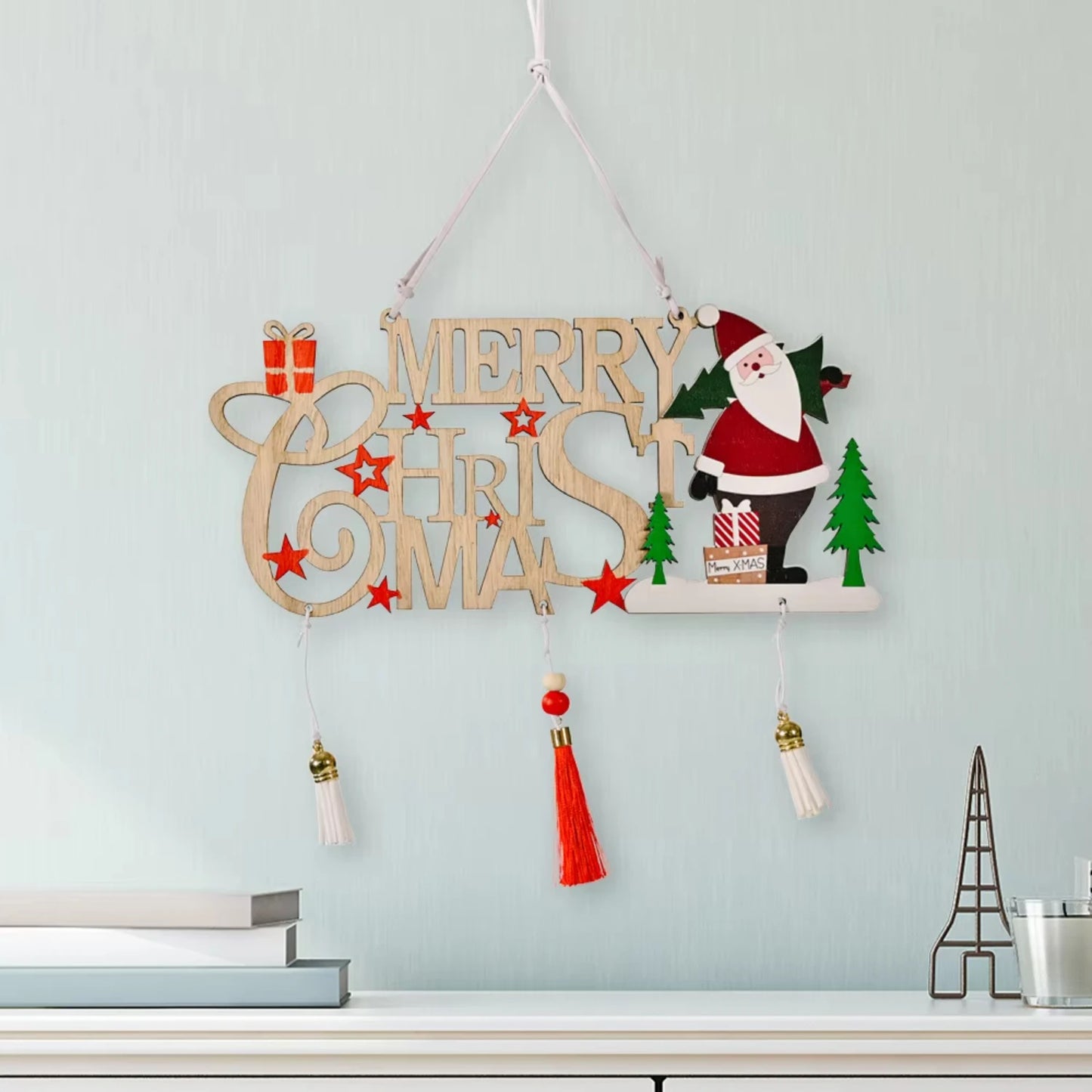 "2024 Wooden Hollow Letter Tassel Pendants – Elegant Wood Ornaments for Xmas Tree & Holiday Decor!"